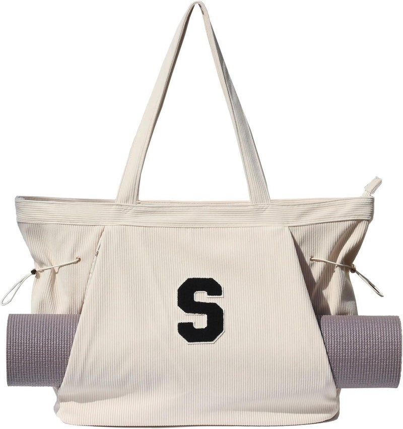 ESVAN Corduroy Yoga Tote Bag Gifts for Women Drawstring Yoga Mat Bag for Office Workout Travel Carryall Pilates Gym - Image 1